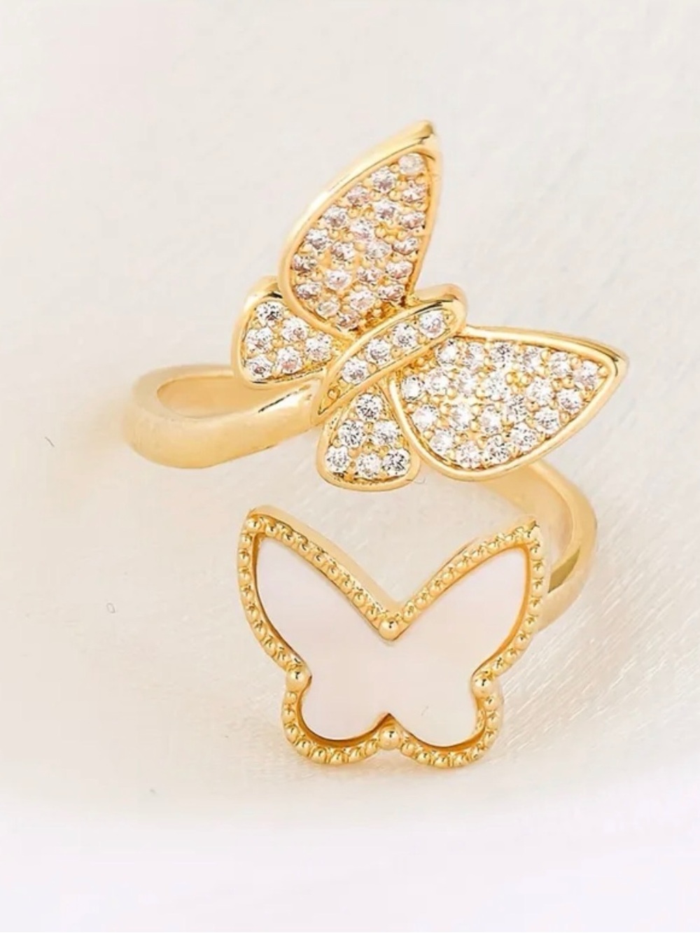 Gold Butterfly Open Ring with Crystal and White Enamel Accents